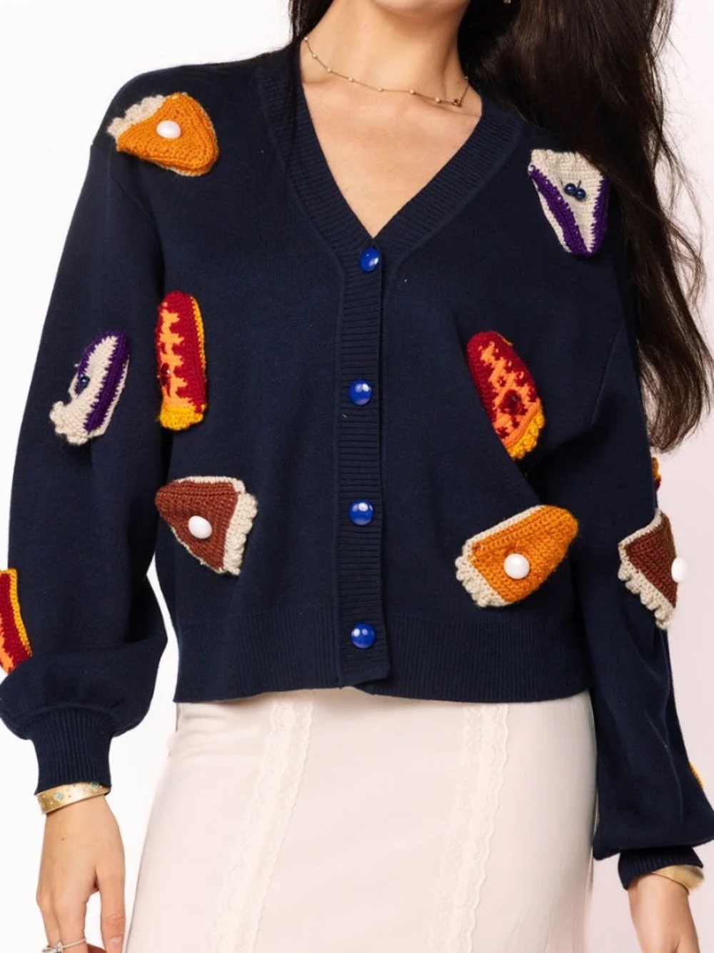 QUEEN OF SPARKLES Knit Pies On Plate Cardigan Navy Women’s Size Small